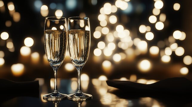 Glasses on the bar at an event, celebration or party. Background with out of focus lights. Copy space.