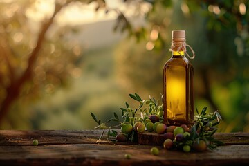 Sunlit bottle of olive oil surrounded by fresh olives and branches on a rustic table in a serene natural setting showcasing healthy eating lifestyle