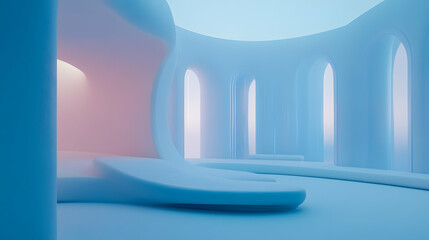 Wall Mural - Abstract pastel blue and pink architectural interior with curved walls, arched windows, and soft lighting.