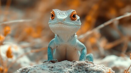 Poster - An exquisite small lizard perches confidently on a rocky surface, surrounded by warm hues of nature. Its vibrant blue and orange scales glisten in the sunlight, capturing attention effortlessly