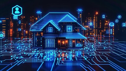 Poster - Smart home technology concept combined with urban digital background design