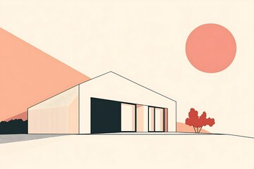 Aufkleber - A minimalist architectural illustration featuring a modern building and a large sun.