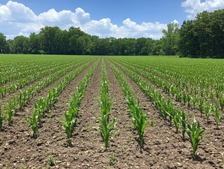 Wall Mural - rows of sprouting corn plants in a large, well-kept field