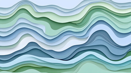 Wall Mural - Abstract wavy layered paper cut design in pastel blue, green and white tones.