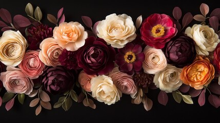 Poster - A stunning dark floral arrangement unveils a blend of roses, peonies, and delicate greenery. This captivating display captivates the senses, radiating beauty and sophistication