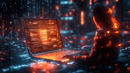 A woman is coding in a futuristic, digital environment.  Her glowing silhouette is highlighted by the screen of a laptop.