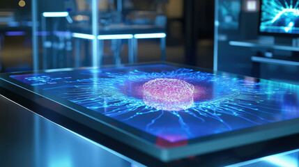 Poster - Futuristic lab table displaying vibrant, glowing molecular structure with intricate details, showcasing advanced technology and innovation
