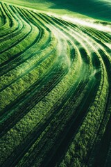 Wall Mural - water irrigation system spraying a green crop field, symbolizing efficient water usage