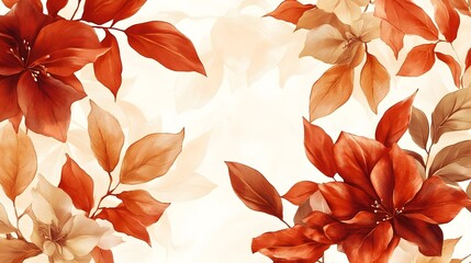Wall Mural - autumnal floral design with red and beige leaves and flowers on white background.