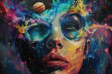 Wall Mural - Colorful cosmic portrait of a woman with vibrant colors and planets in the background, expressing curiosity and wonder about the universe.