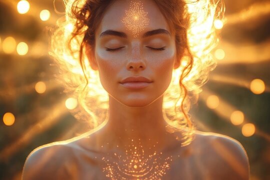 woman meditating in nature achieving mindfulness and spiritual awareness surrounded by light and har
