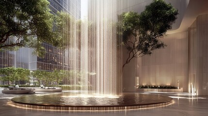 Poster - Serene Indoor Waterfall Surrounded by Lush Greenery in Modern Urban Environment