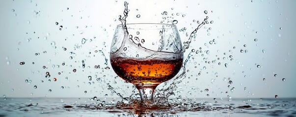 Poster - Dynamic Splash of Liquid from a Glass in a Studio Setting with Reflected Surface and Vibrant Colors