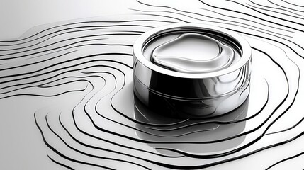 Poster - Abstract design with shiny silver container on smooth flowing lines in black and white background, showcasing modern art aesthetics