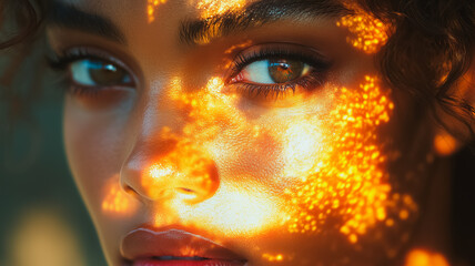 Poster - A woman with brown hair and brown eyes is looking at the camera. The sun is shining on her face, creating a shadow on her nose