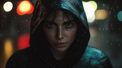 Poster - A woman with wet hair and a hooded sweatshirt is staring at the camera. The image has a moody and mysterious feel to it, as the woman's expression and the wet surroundings create a sense of unease