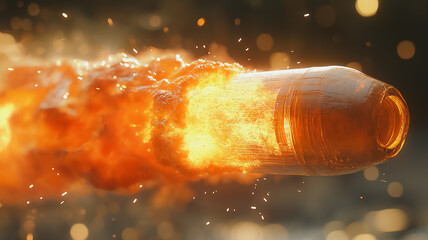 Poster - A bullet is shot out of a gun and is surrounded by a cloud of fire. Concept of danger and destruction