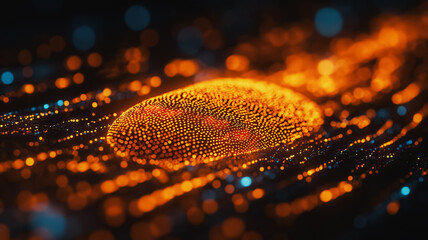Poster - A glowing orange object with a blue background. The orange object is surrounded by a blue and orange glow, creating a sense of warmth and energy. The image is abstract and surreal