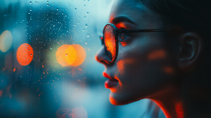 Poster - A woman wearing sunglasses is looking out a window at a blurry cityscape. The scene is set in the evening, with the lights of the city visible in the background