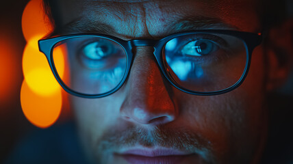 Poster - A man with glasses is staring at the camera. The image has a moody and mysterious feel to it, as the man's gaze is intense and focused. The glasses add to the overall atmosphere