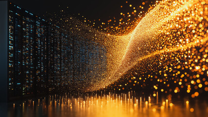 Poster - A computer screen with a wave of gold and blue sparks. Concept of energy and excitement, as if the sparks are dancing and moving in a dynamic way. The combination of gold