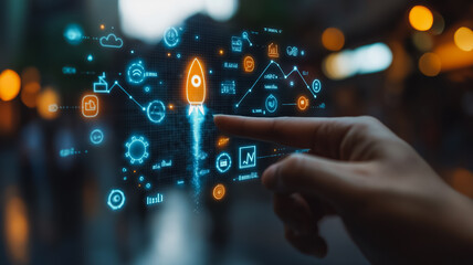 Poster - A hand pointing at a rocket on a screen with various icons and numbers surrounding it. Concept of progress and innovation, as the rocket represents a technological advancement