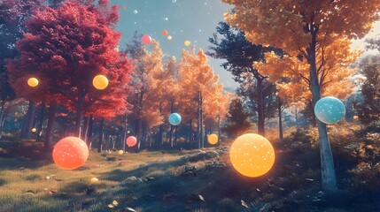 Wall Mural - Colorful orbs float in a vibrant autumn forest scene, sunlight filtering through the trees.