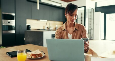 Poster - Business, woman and phone for remote work at house of communication, schedule update and notification. Person, laptop and mobile chat for research, contact feedback and reading proposal as journalist