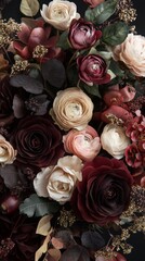 Poster - A stunning collection of dark, moody flowers in rich hues creates an enchanting atmosphere. This arrangement showcases elegant roses, delicate blooms, and lush foliage, perfect for autumn