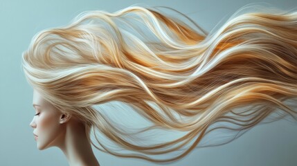 Poster - Silky strands of long, flowing hair cascade gracefully against a calm backdrop, showcasing delicate movement and intricate texture. The composition emphasizes beauty and artistry