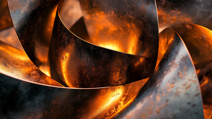 Poster - Metallic ribbons twist and twine with warm glowing light in an abstract composition