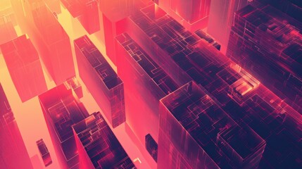 Fototapete - Abstract digital landscape with glowing geometric structures.