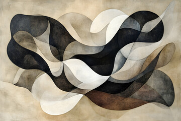 Poster - Abstract artwork with flowing, interwoven shapes in shades of black, white, and brown on a beige background.
