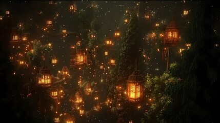 Wall Mural - Enchanting night scene of a whimsical village nestled in a lush forest, illuminated by glowing lanterns.