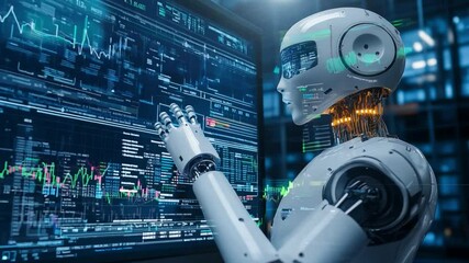 Poster - Advanced AI robot analyzing data in a futuristic control center with high-resolution digital displays