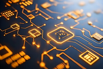 Poster - Abstract digital circuit board with glowing icons.