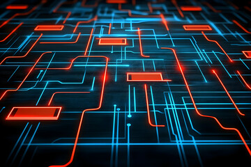 Poster - Abstract digital circuit board with glowing red and blue lines.