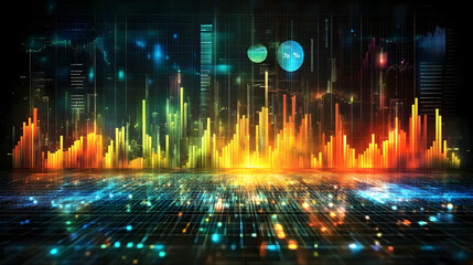 Poster - Abstract digital cityscape with glowing data streams and graphs.