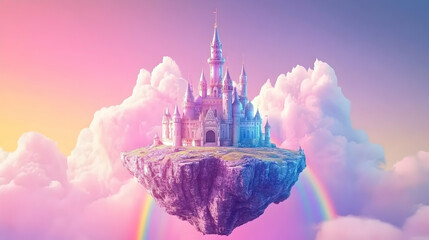 Wall Mural - Fairytale castle on a floating island amidst pastel clouds and a rainbow.