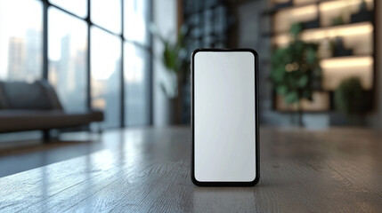 Poster - A sleek, blank smartphone stands on a polished wooden table, bathed in natural light streaming through large windows. The urban backdrop enhances its modern aesthetic