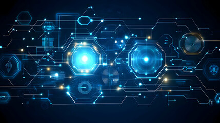 Poster - Abstract digital technology background with glowing hexagons and circuit lines.