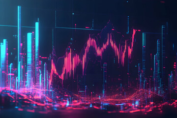 Poster - Abstract financial data visualization, glowing city landscape with stock market graph.