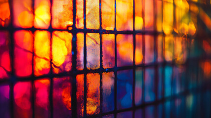 Canvas Print - Colorful reflections through a stained glass window at sunset illuminating a vibrant atmosphere