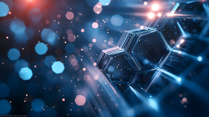Abstract hexagonal structure glowing with light and particles.