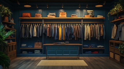 Poster - A beautifully arranged clothes rack showcases an array of stylish garments in a charming room. Soft lighting and natural greenery create a warm, inviting ambiance perfect for fashion enthusiasts