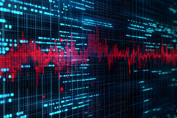 Poster - Abstract red digital wave data stream on dark grid background.