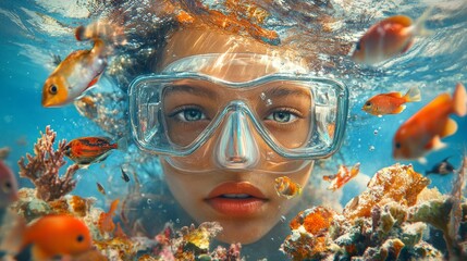 Poster - Beneath the waves, a young explorer dons a snorkel mask, marveling at colorful fish and coral structures. Sunlight dances through the water, illuminating the aquatic paradise