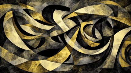 Poster - Abstract design with swirling, textured shapes in gold, black, and gray tones.