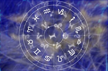 Wall Mural - astrology wheel and horoscope signs at night sky