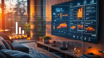 Poster - Modern living room with a large screen displaying data analytics at sunset
